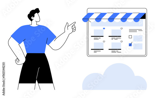 Person points at digital storefront interface under canopy. Ideal for e-commerce, online shopping, cloud computing, business marketing, store management, technology trends, web design. Minimalist