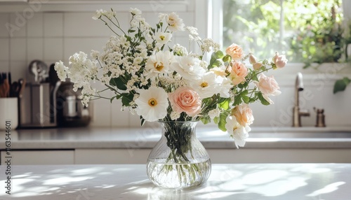 A vase filled with fresh flowers brightens a kitchen countertop.