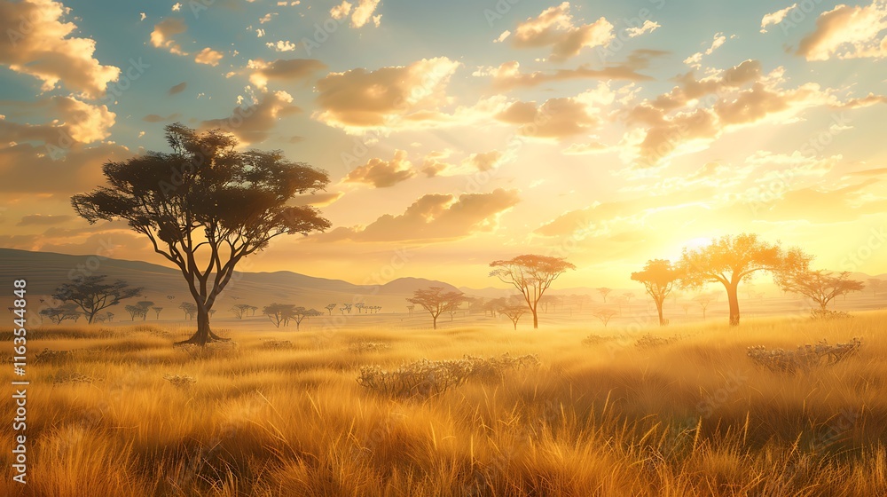 Obraz premium A vast savannah landscape, with acacia trees scattered across the golden grasslands under the African sun.