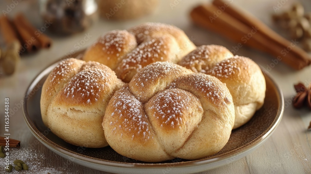 Close-up of soft Swedish Kanelbullar buns with cinnamon and cardamom, served warm on a plate. Horizontal view. Close-up of soft Swedish Kanelbullar buns with cinnamon and cardamom, served warm on a plate. Horizontal view.