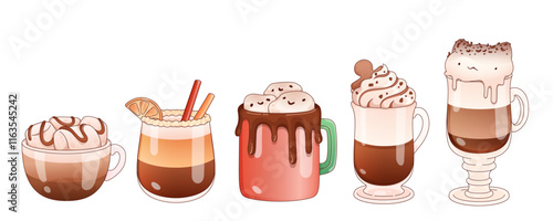 Hot chocolate and coffee beverages in various serving styles - round cup with drizzled whipped cream, citrus garnished glass, ceramic mug with chocolate drip, tall glasses with marshmallow toppings.