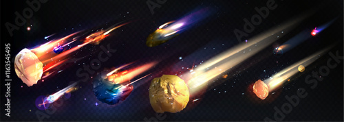 Flaming asteroid and colorful comets. Realistic celestial objects blazing through deep space and leaving luminous trails of fire and cosmic dust for game backgrounds or scientific astronomical design.