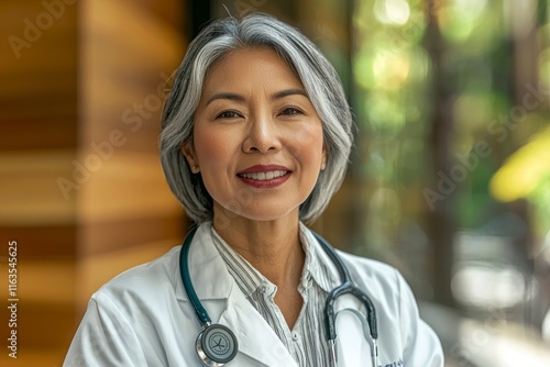 A Confident Older Woman with Silver Hair in a Medical Coat, Smiling in a Modern Clinic Setting Surrounded by Natural Light and Wooden Elements