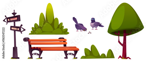 Public park elements set - wooden bench, direction signpost, green tree, decorative bushes, pigeons eating seeds. Collection of cartoon objects for outdoor recreation space and city environment design