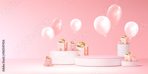 Pink romantic composition with circular white podiums, elegant present boxes decorated with golden ribbons, floating pearly balloons. Wedding showcase, birthday congratulation or luxury brand display.
