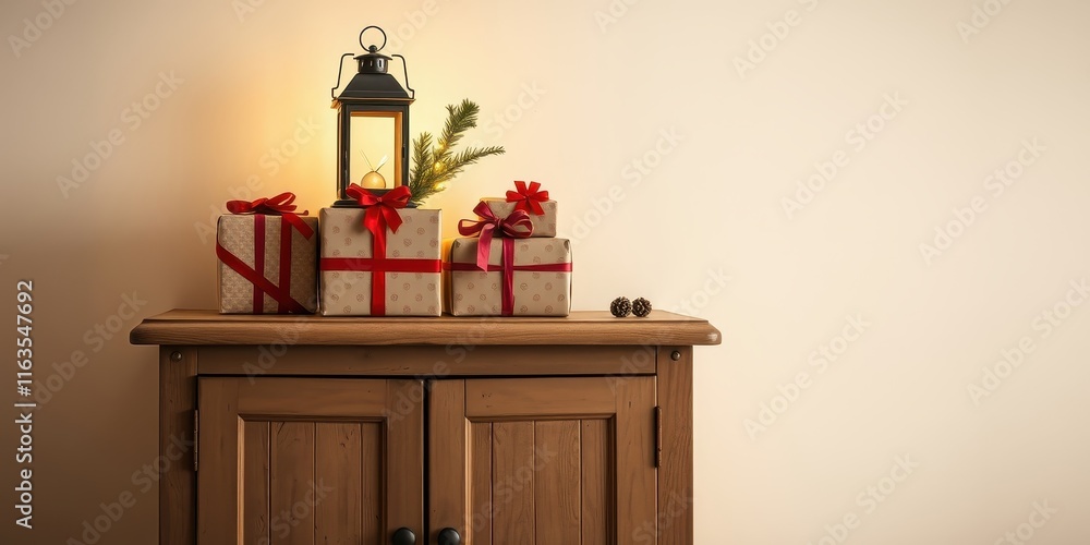 Fototapeta premium Cozy Christmas Eve ambiance presents, lantern, and evergreen sprig on a wooden cabinet