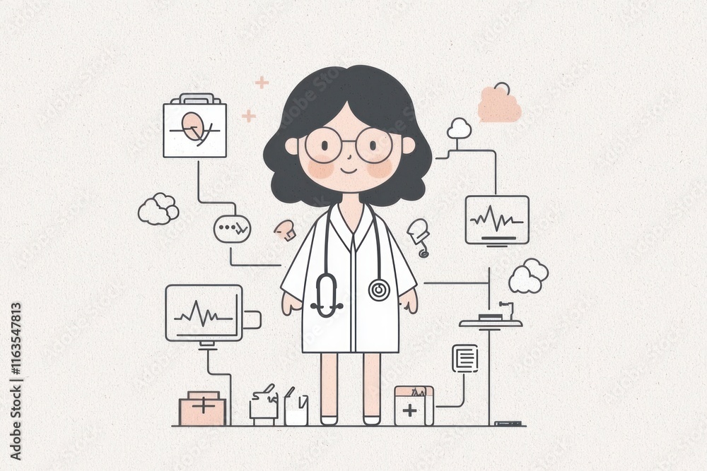 Friendly and Simple Medical Mascot Illustration Featuring a Character in a Lab Coat Surrounded by Healthcare Icons for Appropriate Use in Medical Designs Friendly and Simple Medical Mascot Illustration Featuring a Character in a Lab Coat Surrounded by Healthcare Icons for Appropriate Use in Medical Designs