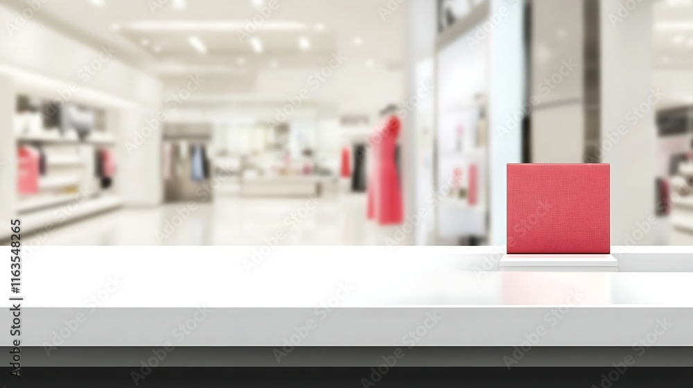 Pink display box on white counter in a clothing store Pink display box on white counter in a clothing store