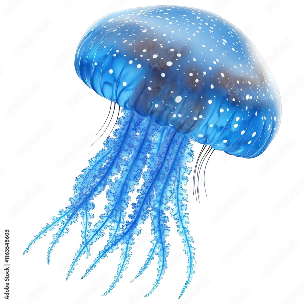 Fototapeta premium Vibrant Blue Jellyfish Isolated on White Background Transparent PNG Background.