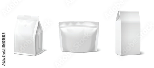 White paper coffee bag mockup set with three different shapes - rectangular pouch, stand up doypack, classic box. Clean packaging templates for premium beverage branding or cafe product display.