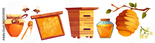 Beehive and apiary equipment set - glass jar with sweet product, honeycomb frame, wooden hive box, ceramic pot and natural nest on branch with bees flying above. Agriculture and farm visual elements.