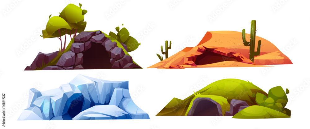Cave entrance collection in different environments - grassy stone grotto with plants, desert hollow with cactuses, frozen glacial cavern, mossy hillside tunnel. Nature landscape environment design.
