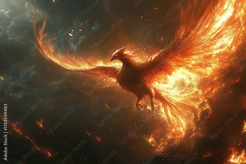 Naklejka premium Fiery Phoenix Soaring Through Dark Cloudscape