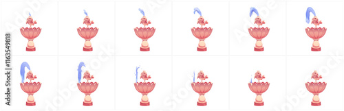 Cartoon water fountain animation frames - pink lotus shaped basin with cute fish character spraying blue stream in cyclic motion sequence. Decorative sprite sheet for game development graphic.