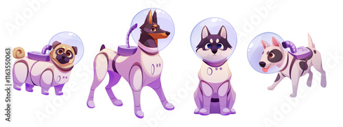 Space dog mascot set - cartoon pug, doberman, husky and bull terrier wearing astronaut suits with protective bubble helmets and life support systems. Cute characters for intergalactic exploration.