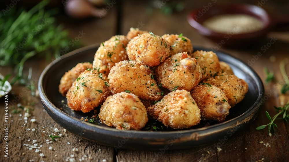 Delicious chicken wings coated with garlic parmesan butter, perfect for snacking, served on a rustic table. Horizontal view. Delicious chicken wings coated with garlic parmesan butter, perfect for snacking, served on a rustic table. Horizontal view.