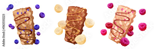 Oatmeal granola bar set with different fruit toppings. Crunchy snacks decorated with chocolate drizzle and blueberry, banana slices and raspberry. Healthy breakfast illustration for packaging design.