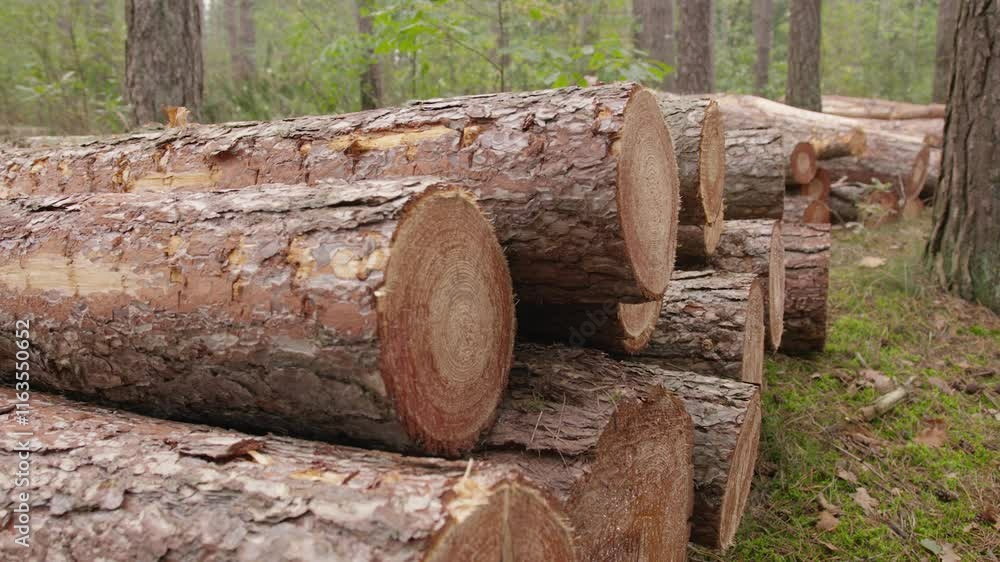 stacked sawn-off tree stumps in a pine forest, depicting deforestation and logging impact. stacked sawn-off tree stumps in a pine forest, depicting deforestation and logging impact.