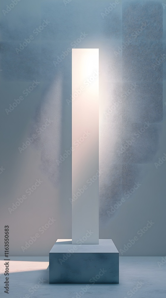 Fototapeta premium A narrow, tall podium with an empty display area, set against a light grayish-blue background.