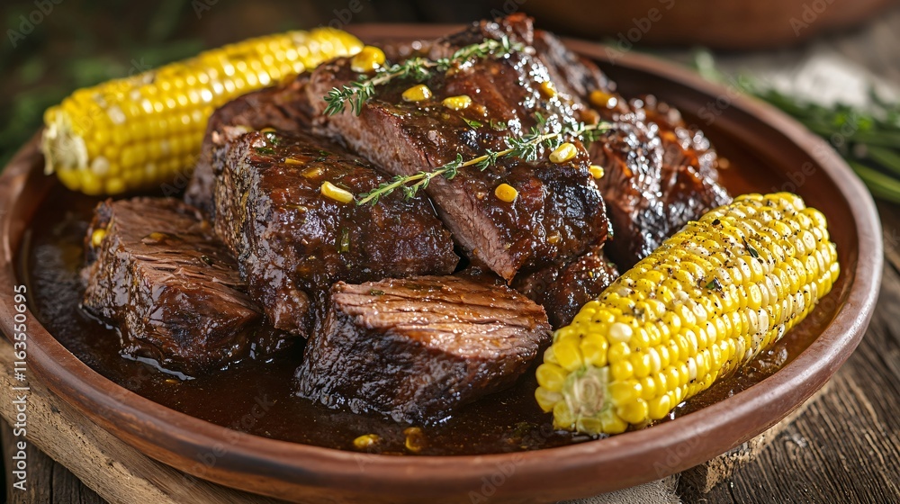 A country-style presentation of pot roast with corn on the cob, placed on a rustic farmhouse table A country-style presentation of pot roast with corn on the cob, placed on a rustic farmhouse table