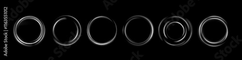 Neon ring set - glowing white circular frames with varying lined patterns. Luminous geometric shapes with sparkle effect on black background. Fantastic magic interface elements or futuristic design.