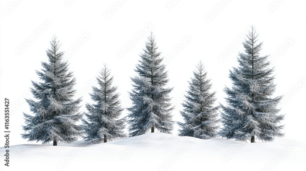 A group of frosted pine trees standing tall in a snowy landscape, isolated on a transparent background A group of frosted pine trees standing tall in a snowy landscape, isolated on a transparent background