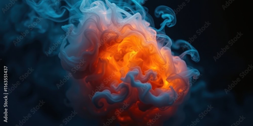 Obraz premium Abstract swirling vibrant orange and teal smoke cloud, a captivating blend of colors and textures