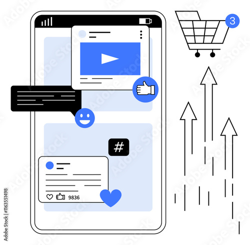 Smartphone displaying video, text, and social media elements thumbs up emotions, likes, and metadata tags beside ascending arrows and shopping cart. Ideal for digital marketing, social media