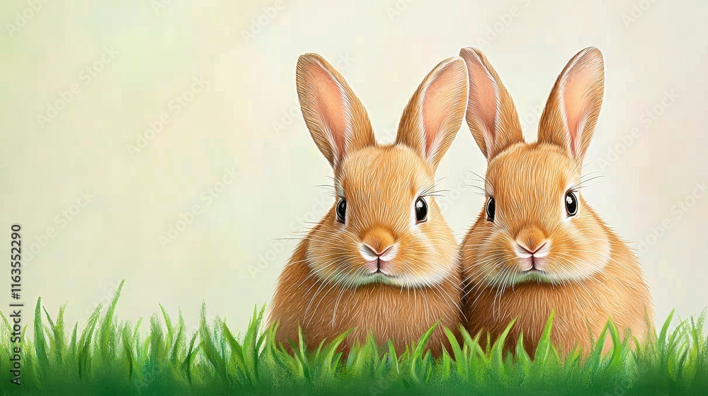 Cute Rabbits Sitting Together in Green Grass on a Soft Background Cute Rabbits Sitting Together in Green Grass on a Soft Background