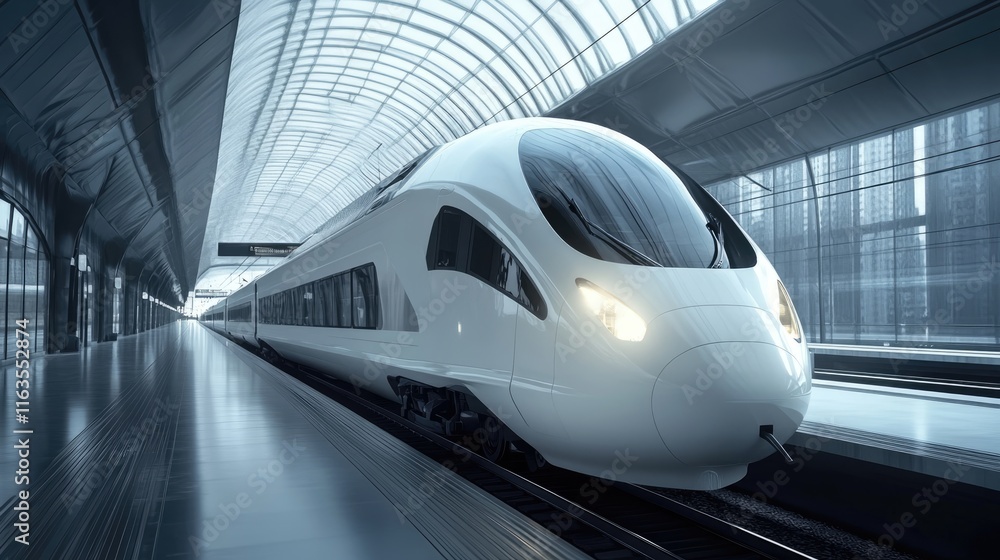 Modern White High-Speed Train Arriving at a Station Modern White High-Speed Train Arriving at a Station