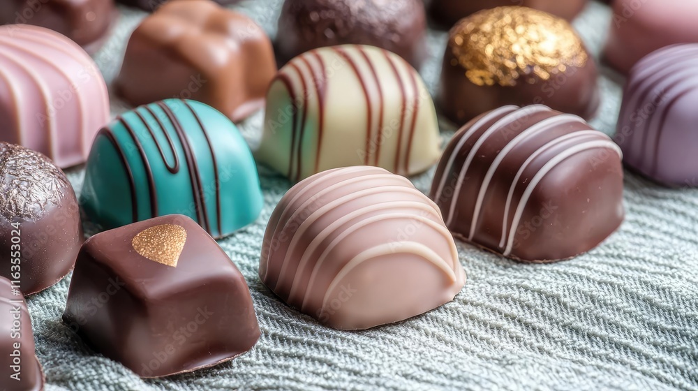 Pastel chocolates concept. Delicious assorted chocolates with unique designs and colors on a textured background. Pastel chocolates concept. Delicious assorted chocolates with unique designs and colors on a textured background.