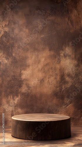 A rustic wooden podium with a matte finish and an empty display space, set against a warm earth-tone background.