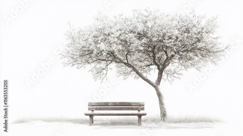A snow-dusted wooden bench under a frosty tree, creating a peaceful winter scene on transparent background