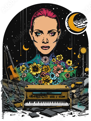 Floral Decorative Woman with Starry Night - Surreal Fantasy Art - Fantasy Illustration