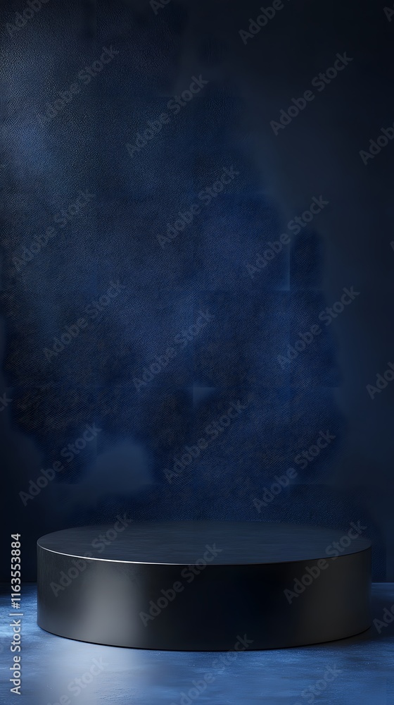 A sleek black podium with sharp edges, featuring an empty space for display, set on a dark, moody blue background. A sleek black podium with sharp edges, featuring an empty space for display, set on a dark, moody blue background.