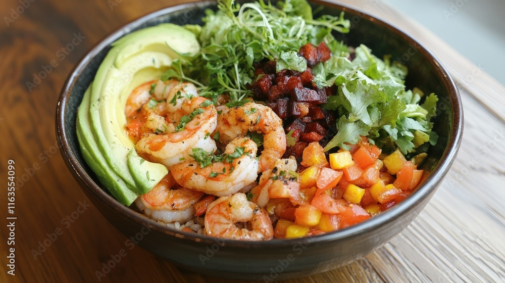 Fresh and colorful breakfast salad featuring shrimp, creamy avocado, and vibrant greens in a bowl on a wooden table. Fresh and colorful breakfast salad featuring shrimp, creamy avocado, and vibrant greens in a bowl on a wooden table.