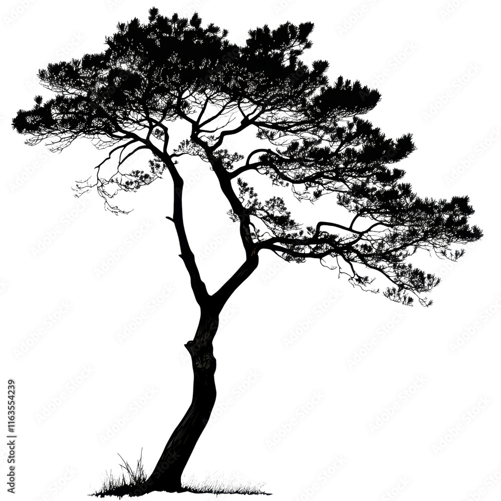 Pine Tree Silhouette with Layered Branches, PNG format, Transparent Background, Ideal for Graphic Design and Illustrations