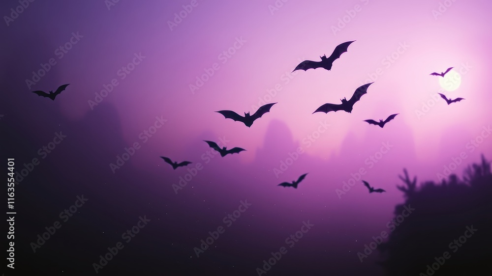 Fototapeta premium Silhouettes of bats flying in a purple twilight sky above a misty landscape
