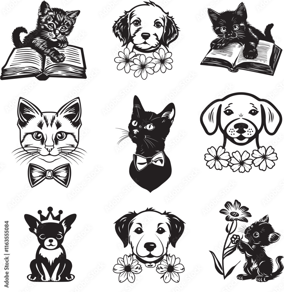 Obraz premium cute cat and dog silhouette vector illustration set 