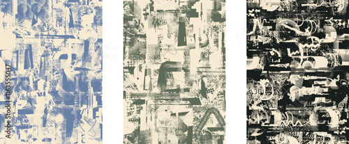Set of posters with glitch distorted grunge texture. Poster collection texture with halftone dots, glitched shapes, textures and lines .Screen print vector poster pack with grunge textured surface