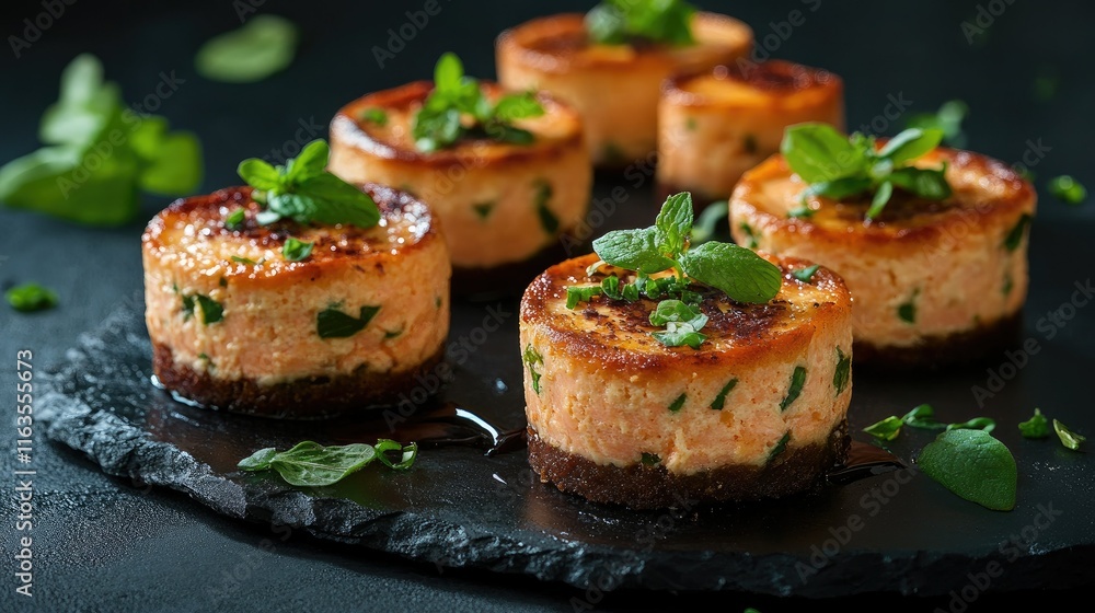 Gourmet mini salmon cheesecakes on a dark background, perfect for adding promotional messages or captions. Gourmet mini salmon cheesecakes on a dark background, perfect for adding promotional messages or captions.