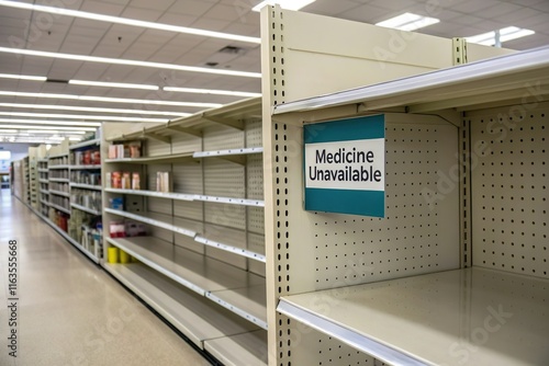 Empty pharmacy shelves with medicine unavailable sign. Health supply shortage