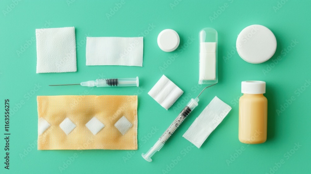 Naklejka premium Medical supplies arranged on a teal background