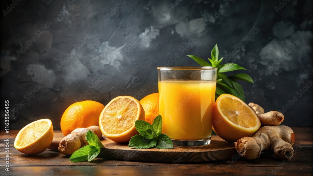 Fototapeta premium Refreshing Citrus and Ginger Drink with Sliced Oranges and Fresh Mint on Rustic Wooden Board