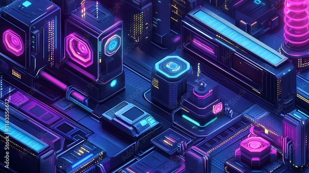 Futuristic city isometric, technological architecture, glowing neon lights, vibrant colors, intricate details. Futuristic city isometric, technological architecture, glowing neon lights, vibrant colors, intricate details.