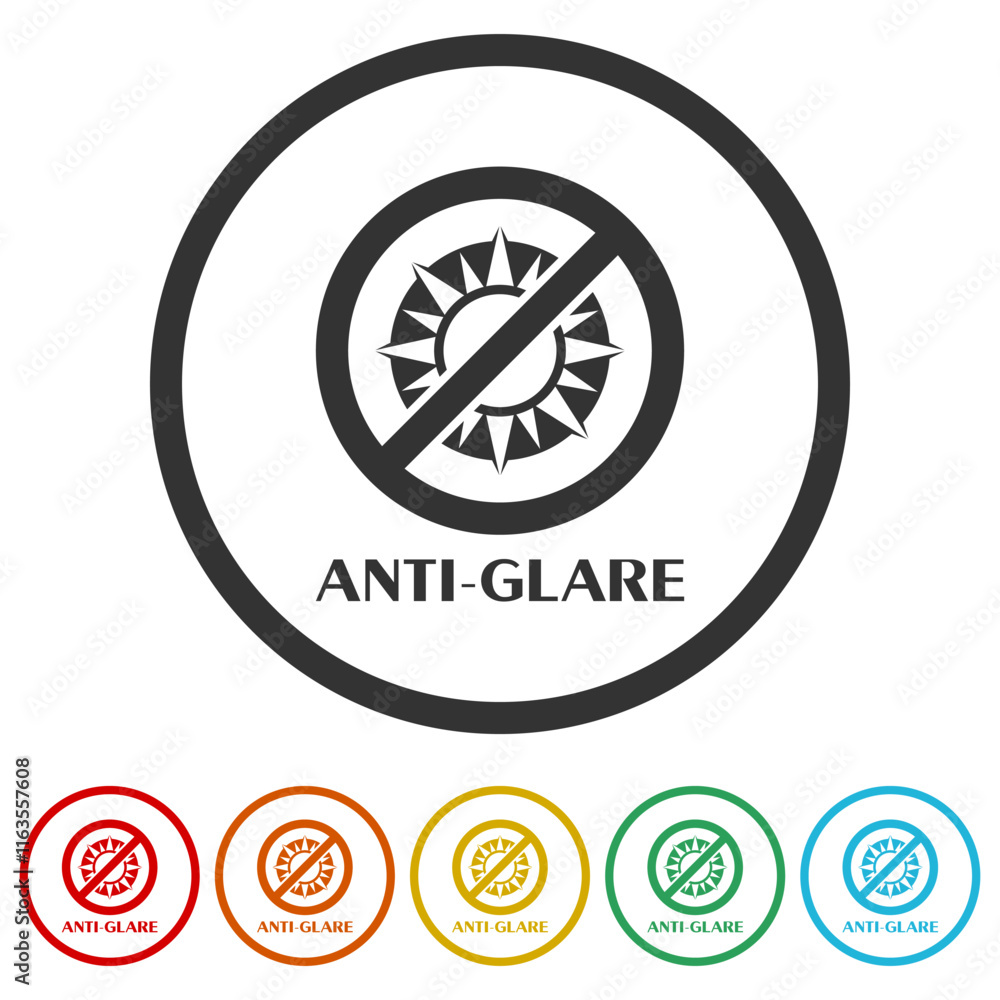 Anti glare sun icon. Set icons in color circle buttons Anti glare sun icon. Set icons in color circle buttons