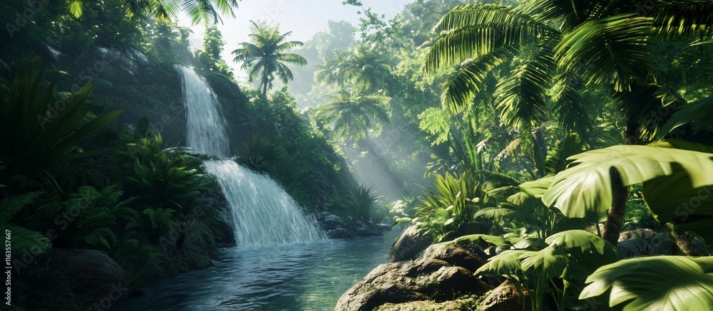 Obraz premium Lush tropical waterfall cascading through a dense jungle.