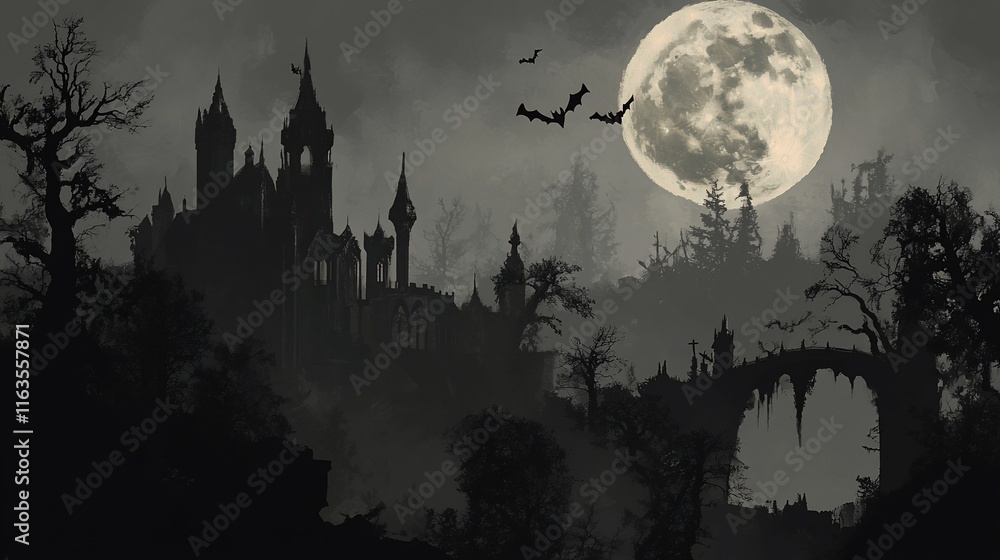 Dark spooky castle at night with full moon and bats. Dark spooky castle at night with full moon and bats.