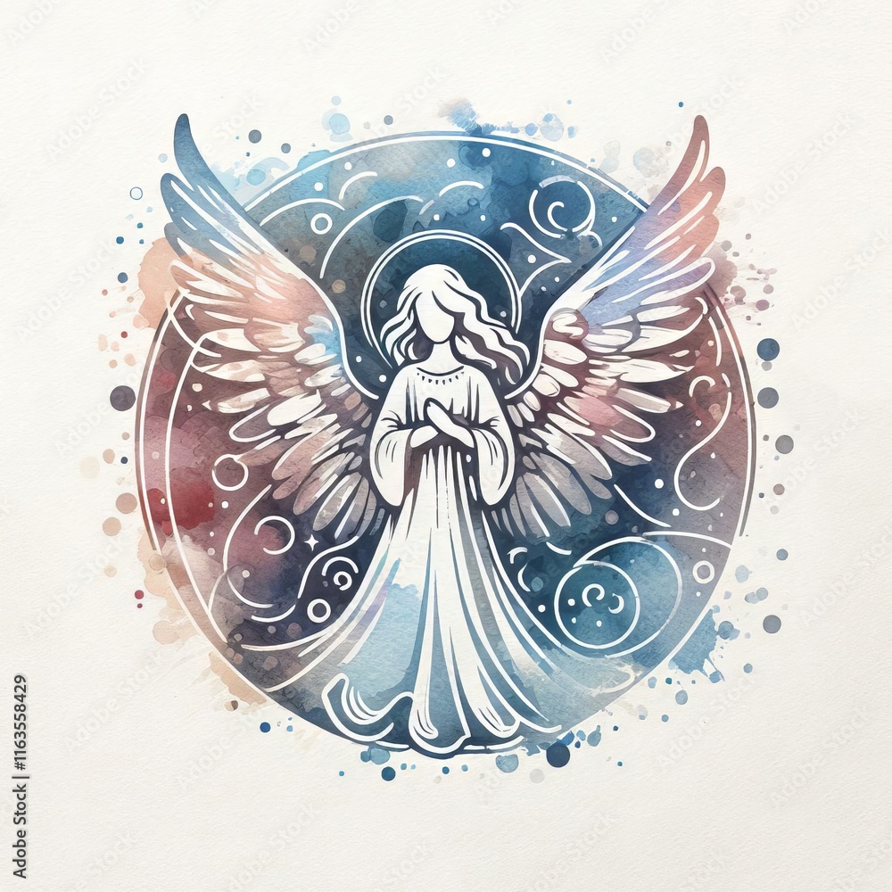 Naklejka premium A serene angel with outstretched wings and a halo, depicted in a celestial and ethereal watercolor style