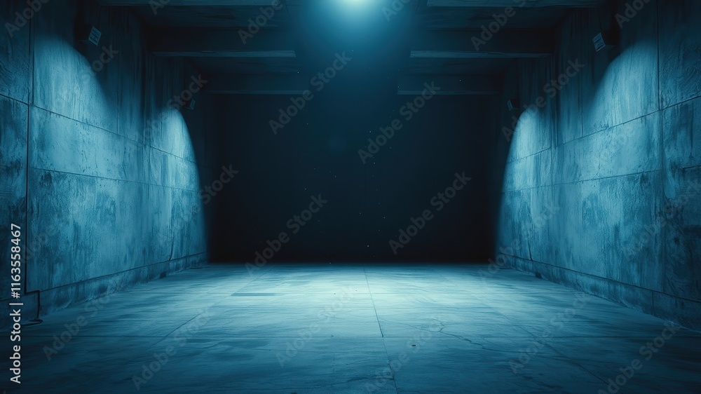 Fototapeta premium Mysterious Dark Blue Concrete Corridor with Subtle Lighting
